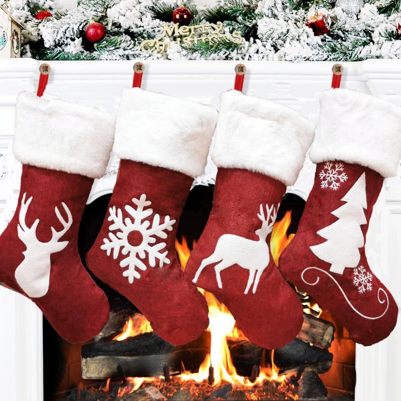 Embroidery Xmas Stocking - الأحمر سانتا تخزين الأيائل ندفة الثلج