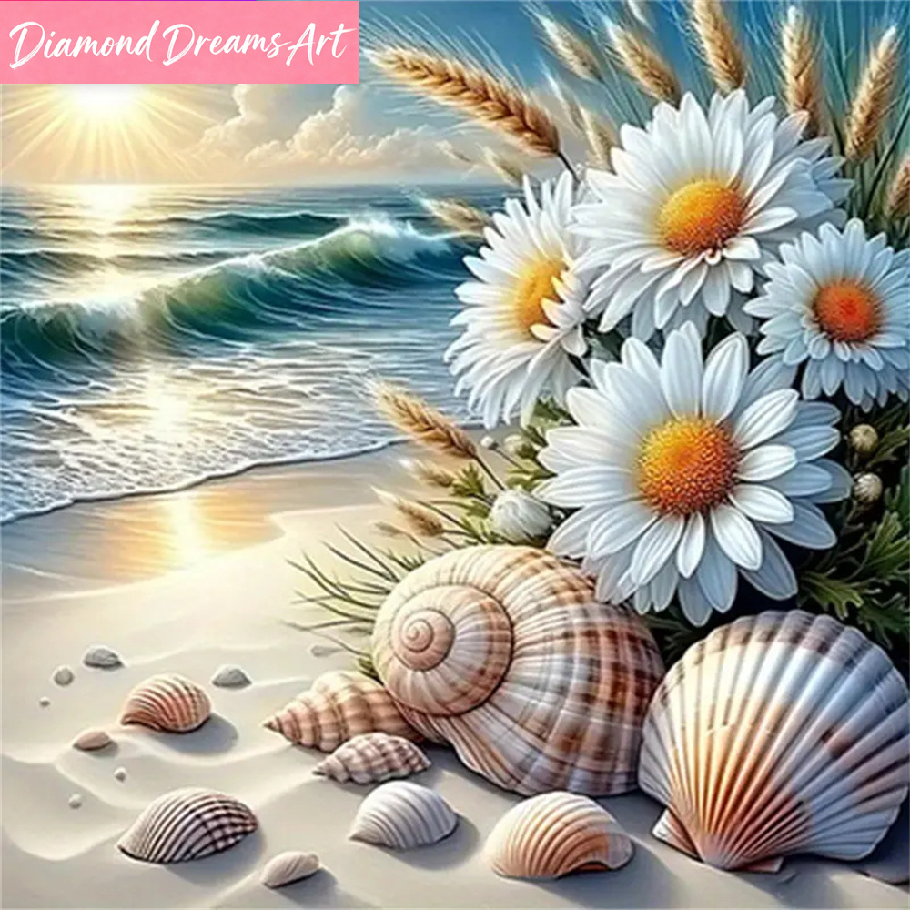 Embroidery Daisy Flower - لوحة ماسية بتصميم منظر بحري، فسيفساء