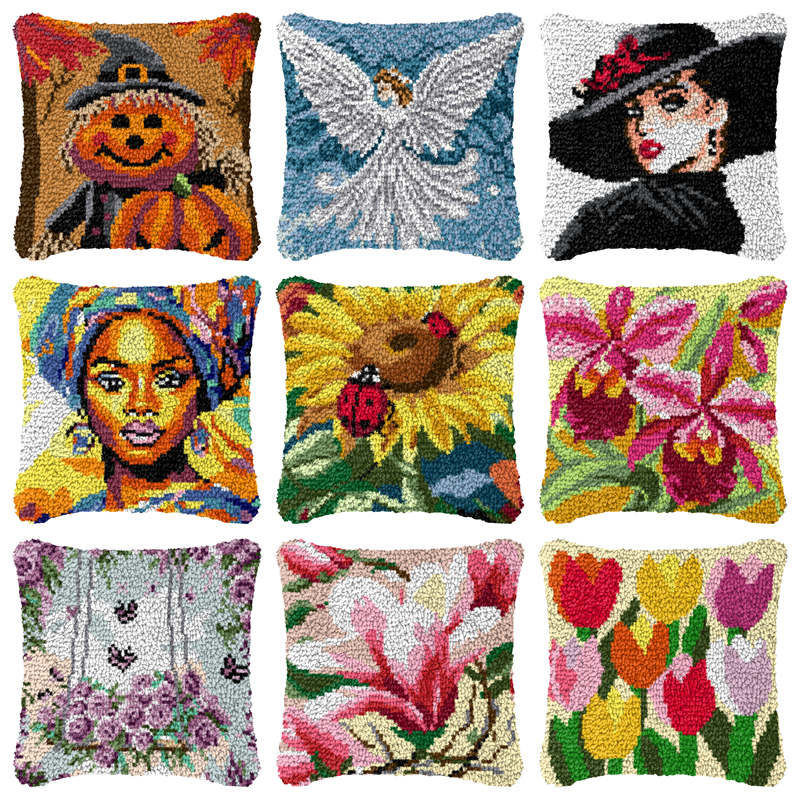 Printed Embroidery Kit - الزهور الكرتون مزلاج هوك وسادة Smyrna